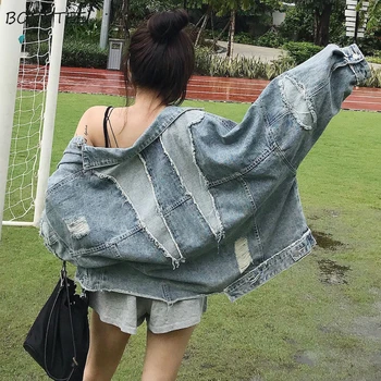 

Jackets Women Patchwork Simple All-match Korean Style High Quality Female Casual Trendy Streetwear Womens Loose Jacket Hole Chic