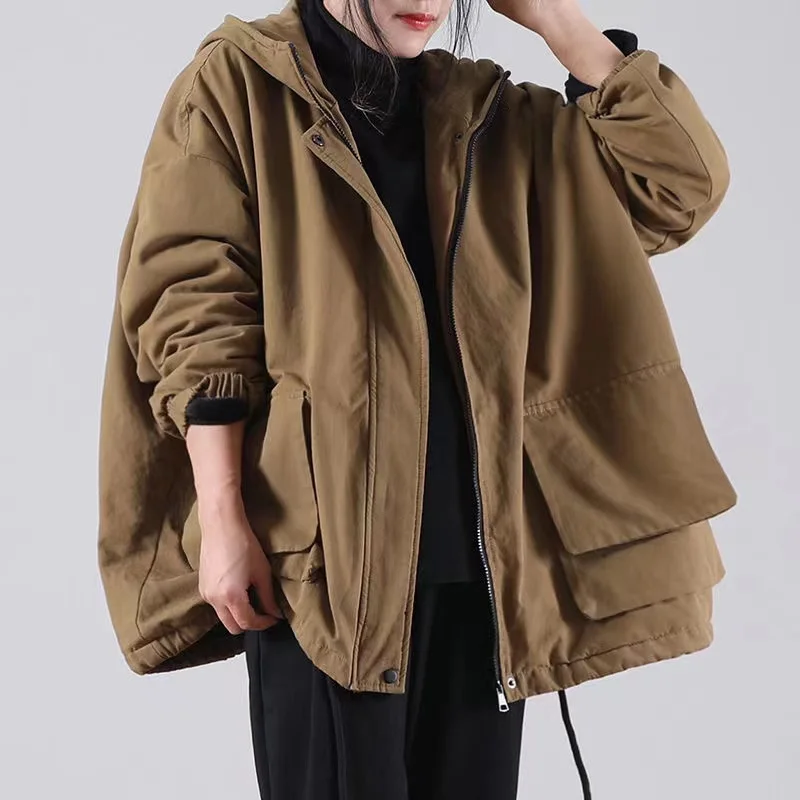 SuperAen Plus Size Autumn Winter Clothes New Loose Solid Casual Hem Drawstring Hooded Velvet Padded Jacket Women | Женская одежда