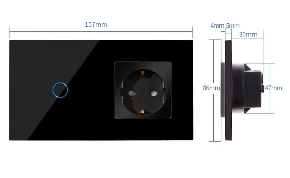 TOUCHMI Hot Sale 1Gang 1Way Touch Switch With EU Type Socket 16A Germany Socket Crystal Glass Panel Light Switch 86*157mm