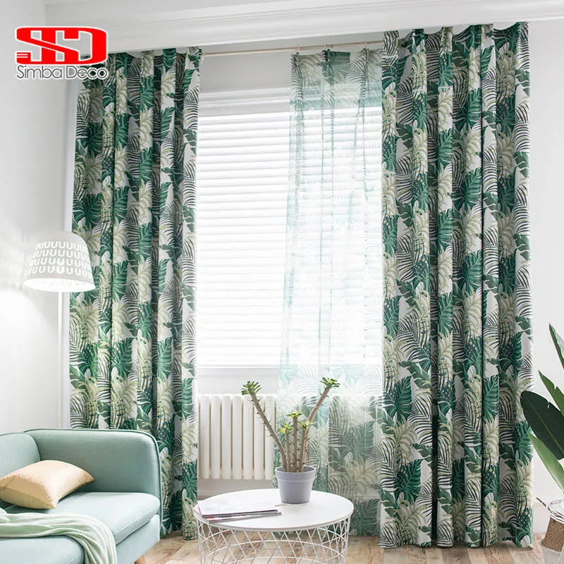 

Tropical Printed Blackout Curtains for Living Room Green Leaves Palm Tree Tulle Veil Liner Cortinas Bedroom Window Treatments