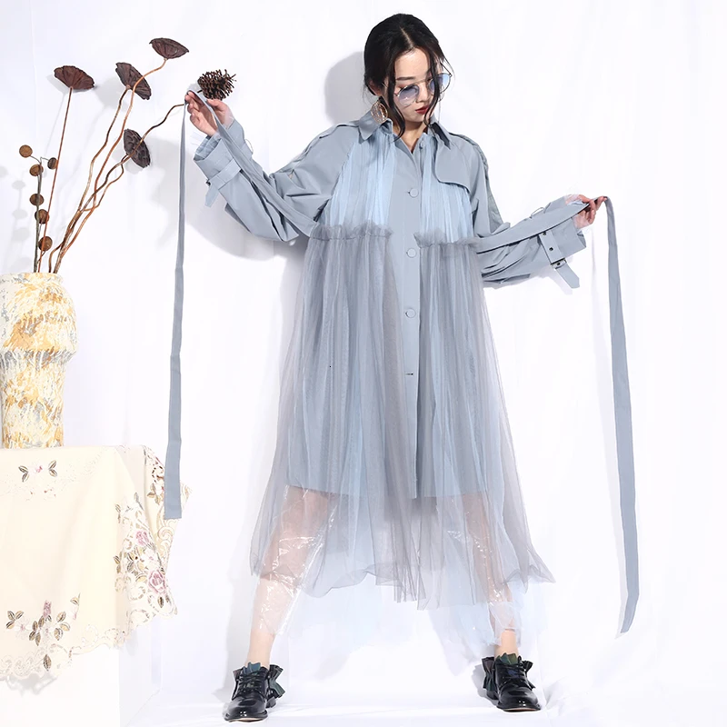 LANMREM New Spring Fashion Women Clothing Turn-down Collar Full Sleeves Buttons Patchwork Mesh Lace Windbreaker WD3740