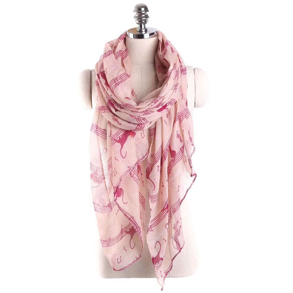20# Mujeres segnoras музыкальная нота gato estampado bufanda larga abrigo chal impreso bufanda mujer invierno cálido cuello bufandas