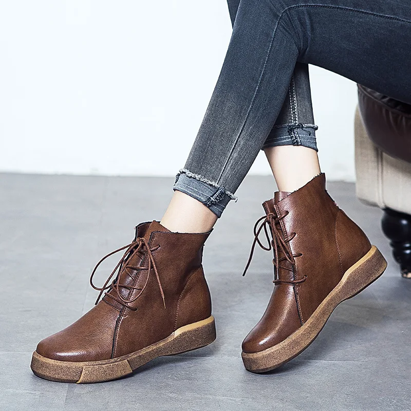 

Boots Women's Autumn And Winter New Style England Martin Boots Women's Retro Flat Short Boots Lace-up plus Velvet Cotton Boots C