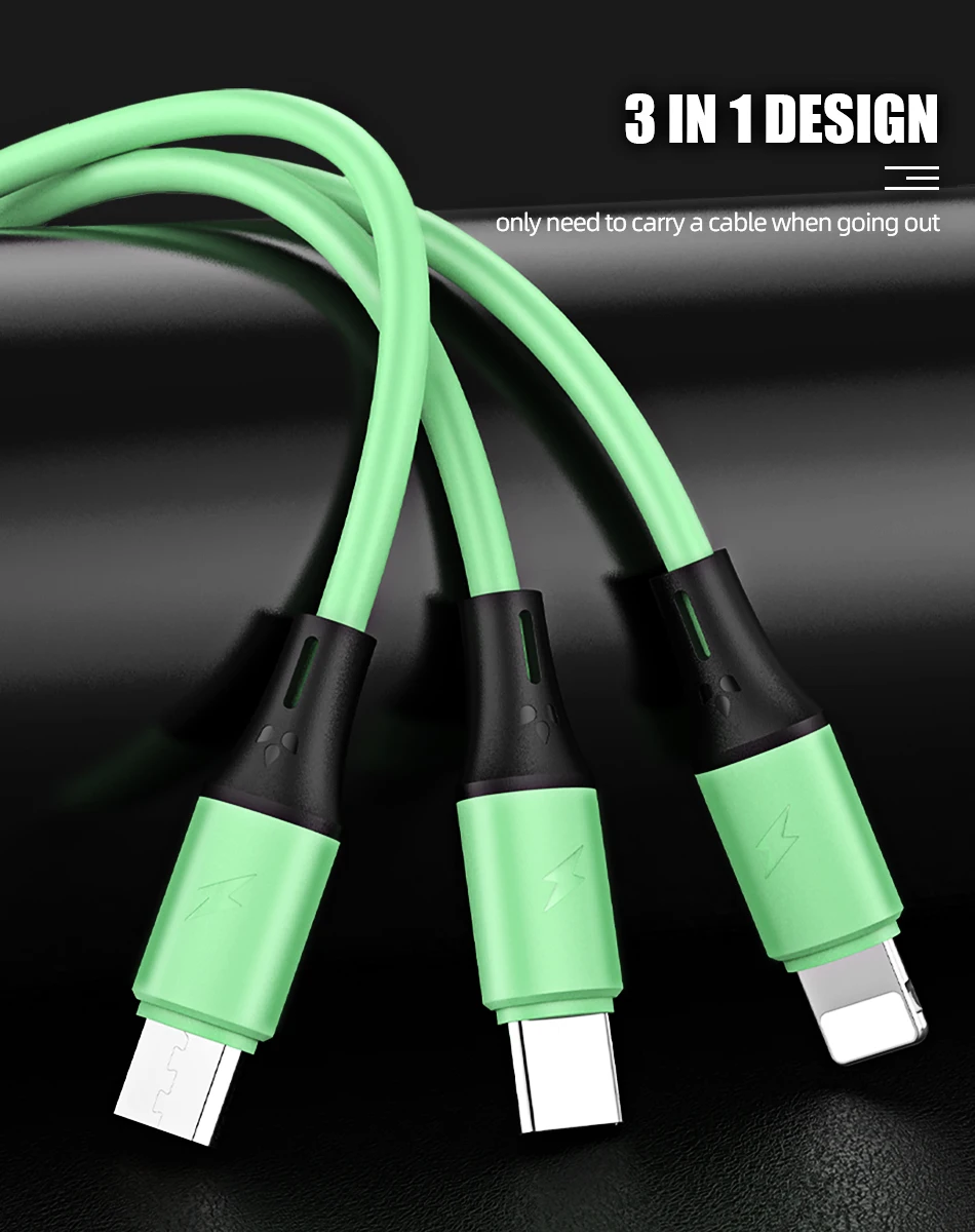 !ACCEZZ 3 in 1 USB Cable For iPhone 11 XS Pro Max 8 Plus Samsung S10 Xiaomi Redmi Note 5 USB C 8 Pin Android Charging Cable Cord (3)