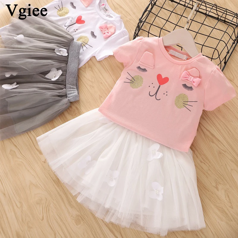 

Vgiee Toddler Girls Dress Set 2pc for 3 to 8 years ago Short Sleeve Baby Girl Clothing set Cartoon Print Kids Baby Outfits