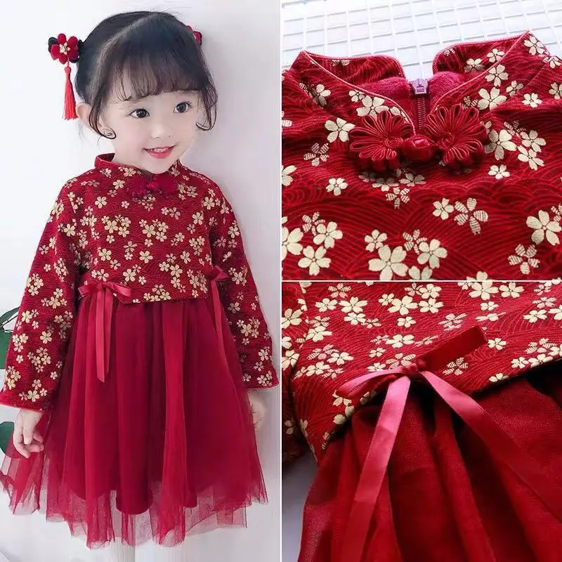 Детское Новогоднее платье в китайском стиле для маленьких девочек; утепленные газовые платья принцессы с цветочным принтом; костюм в китайском стиле; праздничная одежда