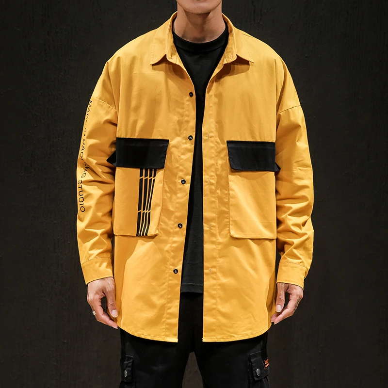 

2019 Japanese Style Yellow Oversize Patchwork Big Pocket Single Breasted Laple Tops Fashion Windbreaker Autumn Men Loose Jacket