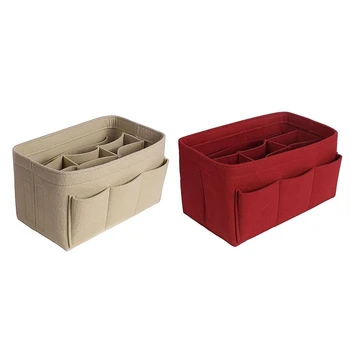 

2 Pcs Women Felt Cloth Inner Bag Fits in Insert Handbag Multi-Pockets Cosmetic Bags Storage and Personal Belongings Organizer, R