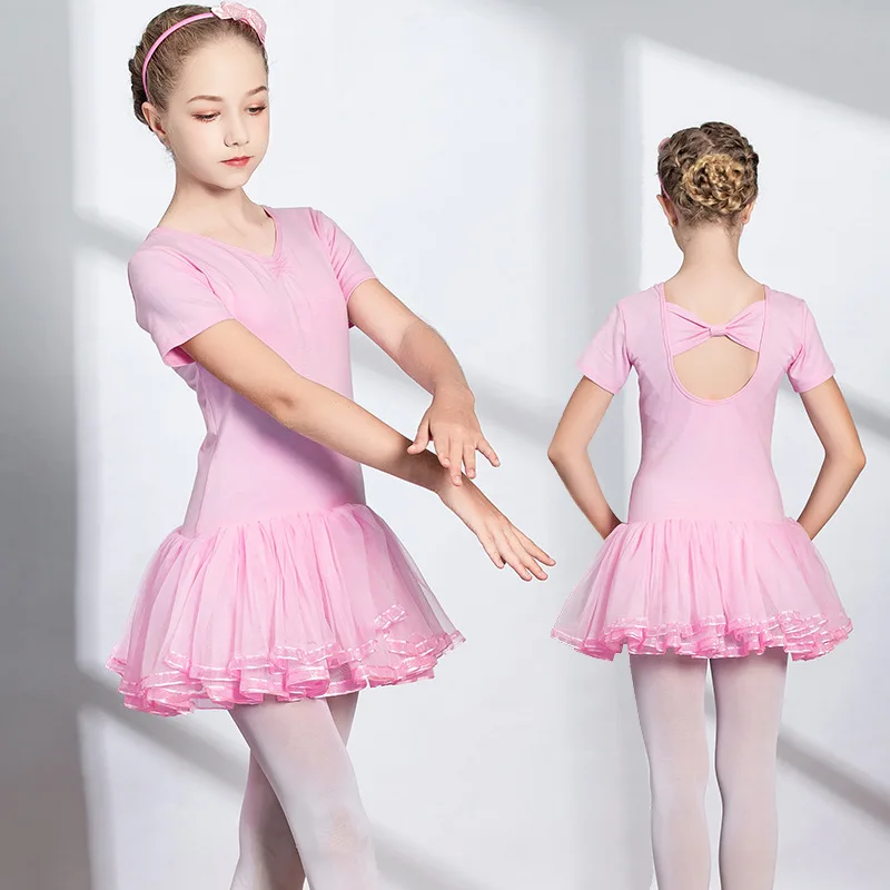 Pink - Short sleeves Балетное платье для девочек, гимнастическая детская танцевальная юбка, Высококачественная хлопковая одежда для танцев, детское балетное танцевальное платье - Цвет: Pink - Short sleeves