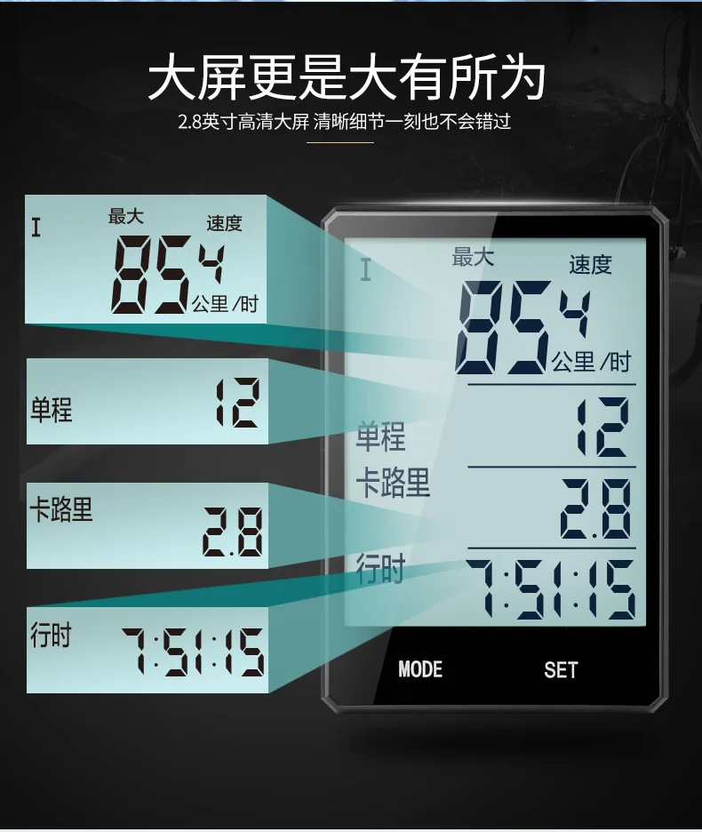 Bicycle Speed Meter Big Screen Chinese Wireless Night Light Waterproof Mileage Velometer Riding Mountain Bike Riding Equipment