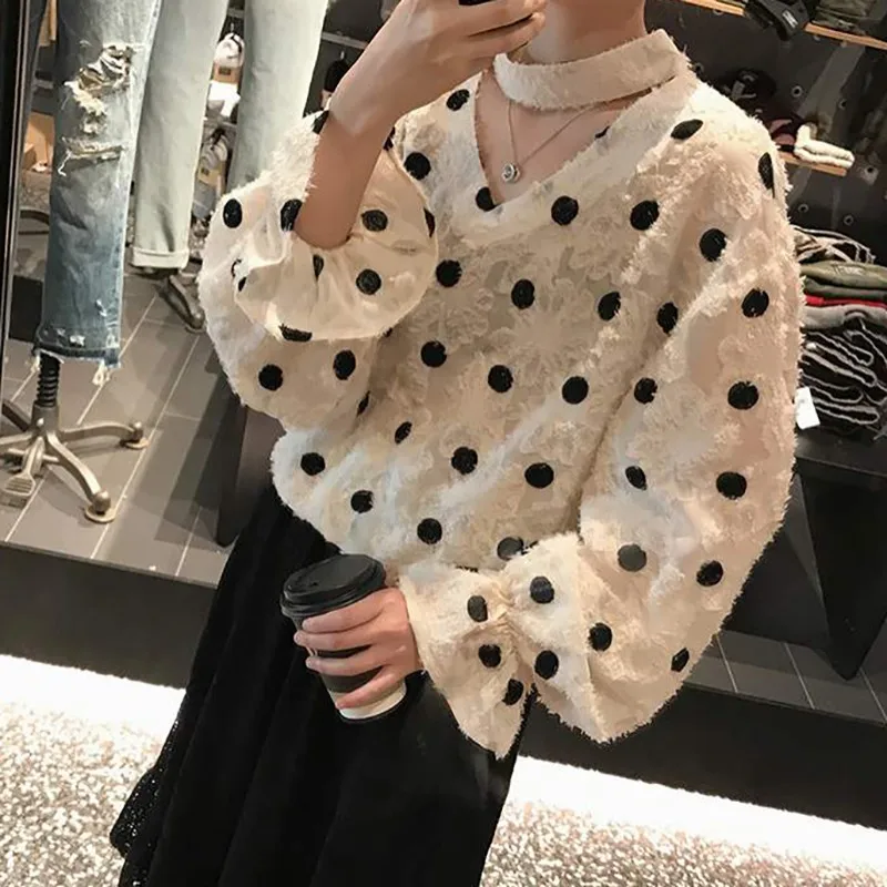 

Women Autumn Cute Blouse Polka Dot Shirts Ruffles Loose Chiffon Korean Style Long Sleeve Loose Shirt Office Lady Blouses