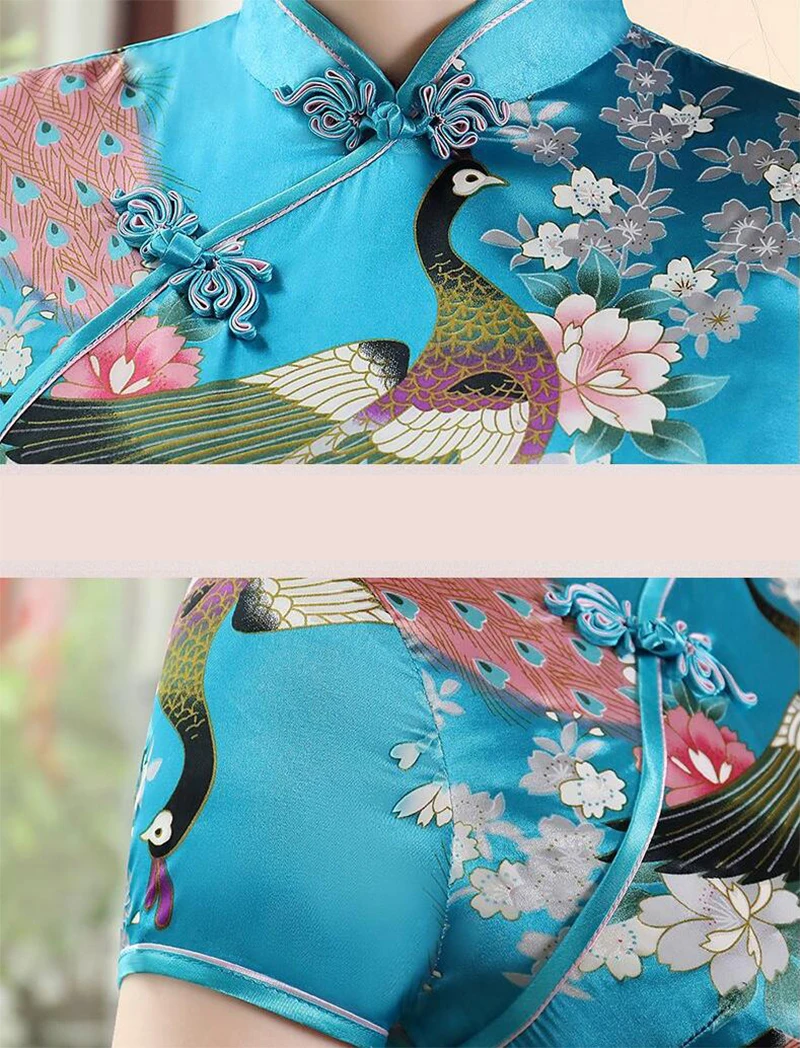 Fikoo Chinese National Spring Cheongsam Long Dress Peacock Floral Vintage Silk Dresses