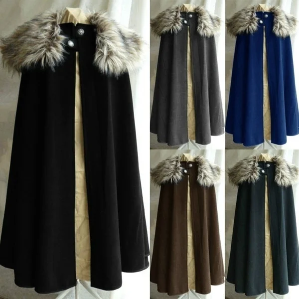 

3XL Medieval Men's Fashion Celtic Viking Wool Cape Coat Vintage Ranger Coat Gothic Game of Thrones Style Fur Collar Cape Cloak