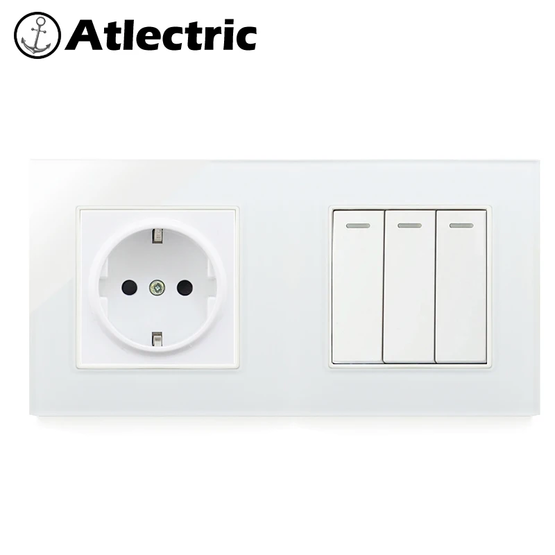 Atlectric ЕС/DE розетка питания Двухстенная розетка 1 2 3 4 банды ВКЛ/ВЫКЛ Выключатель света Лампа кнопка света закаленное стекло панель розетки переключатель,кнопки кнопка включения