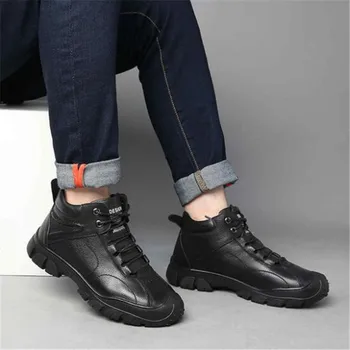 

Designer new anti-collision high to help men's riding boots top layer leather plus velvet warm snow boots men sneakers shoes