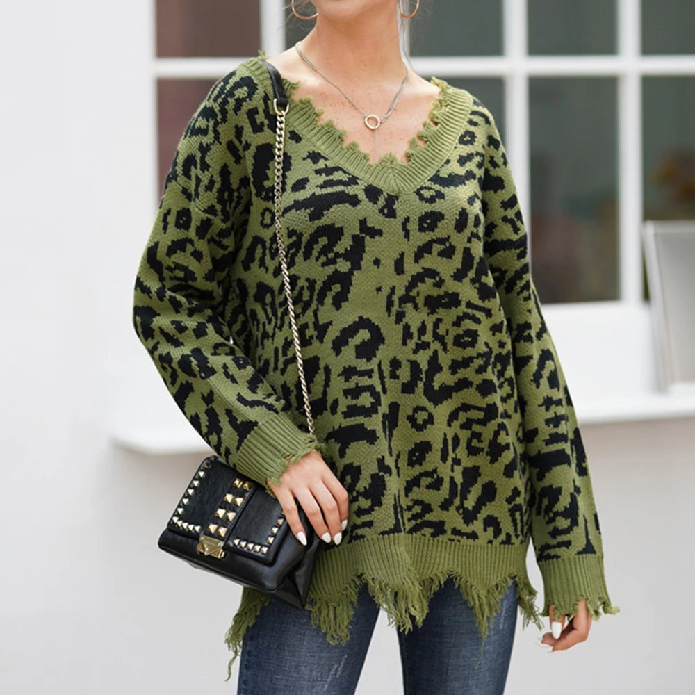 

Women Leopard Print Knitted Pullover Sweaters Ripped V-neck Long Sleeve Loose Pullovers Autumn Winter Fashion Oversized Jumpers