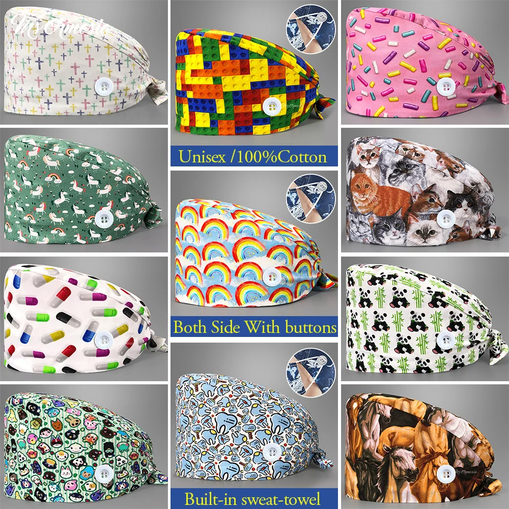 Unisex Wholesale Adjustable Surgical Cap Pharmacist Work Cotton Cute Cartoon Printing Pet Doctor Operating Room Hat | Тематическая