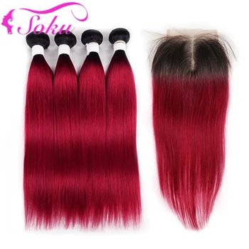 

T1B/BURG Ombre Red Human Hair Bundles With Closure 4x4 SOKU 4PCS Brazilian Straight Hair Weave Bundles With Closure Non-Remy