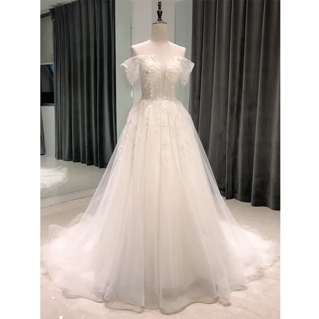 SL-8083 wedding dress 2020 boho tulle simple sukienki koktajlowe beaded sequin lace long blanche beach sexy off shoulder women 1