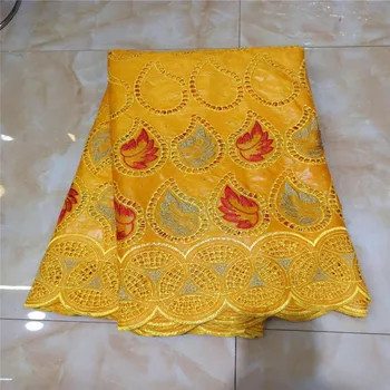 

African bazin riche fabric with brode Latest fashion embroidery bazin lace fabric 2020 yellow/red with net lace 5 yards