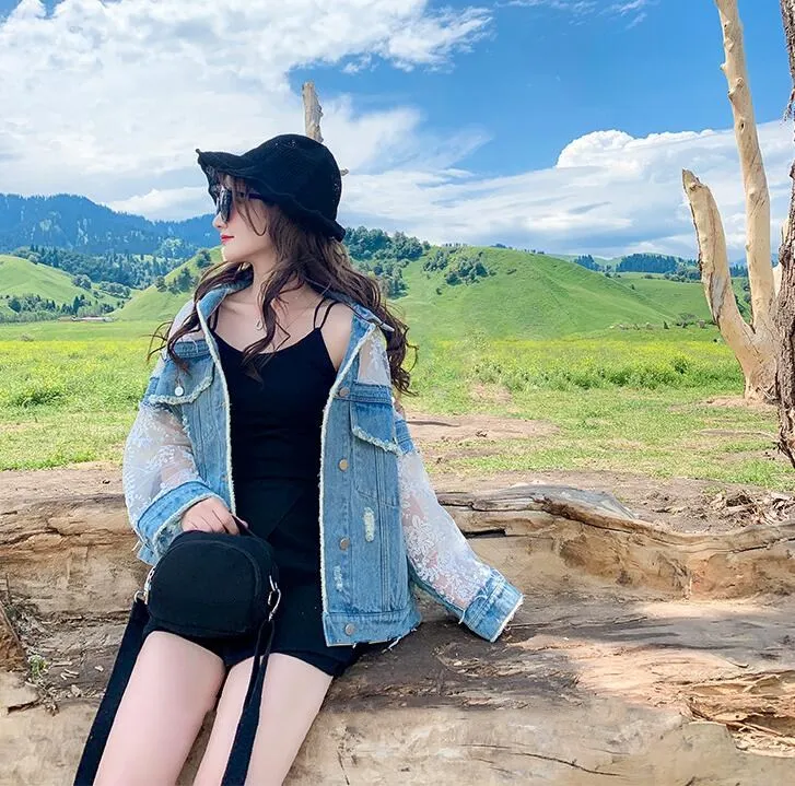 WHITNEY WANG Осенняя модная уличная Прозрачная Кружевная Лоскутная джинсовая куртка женская Стильная джинсовая куртка