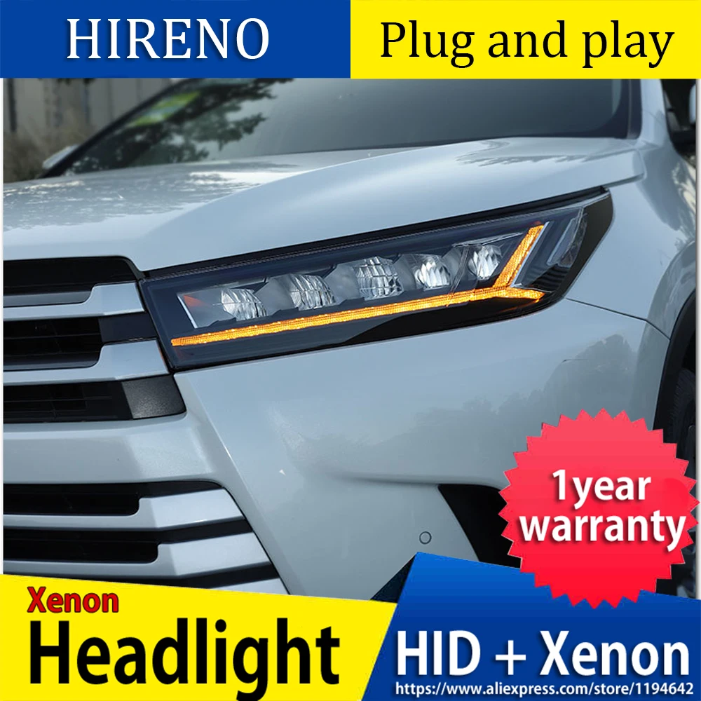 Автомобильный Стайлинг для Highlander фары все светодиодный фары DRL Bi-светодиодный объектив высокого ближнего и дальнего света светодиодный монитор измеряет динамическое отложным воротником signl