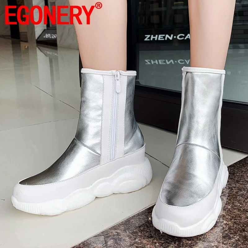 

EGONERY winter new mixed coors casual ankle boots outside comfortable mid heels platform zip plus size women shoes drop shipping