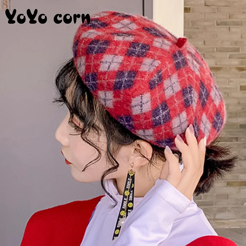 YOYOCORN зимняя утолщенная Дамская шапка с узором, подходящая по цвету осенняя и зимняя шерстяная ромбовидная решетка, женский берет