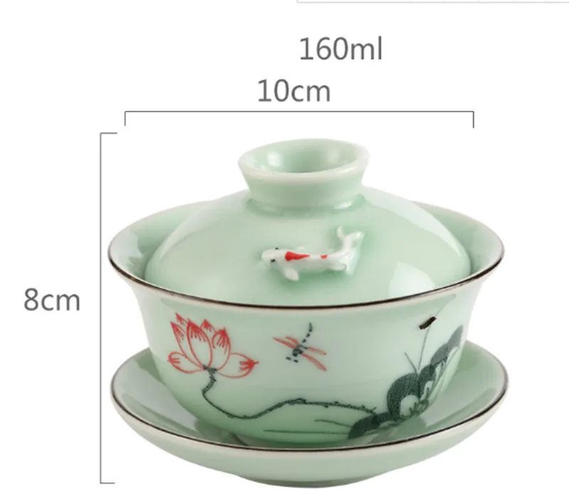 Тисненый Лотос рыба Gaiwan ручная роспись чайный тюрен Longquan узор крышка чайные чаши