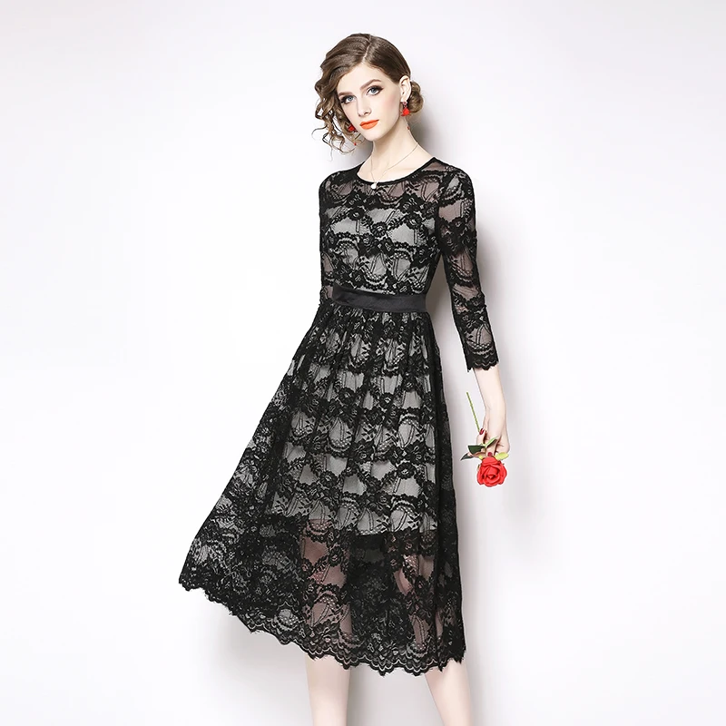 TAOYIZHUAI high street style миди кружевное платье трапециевидной формы с завышенной талией, с круглым вырезом, Расклешенным рукавом, длиной до колена, вечернее платье