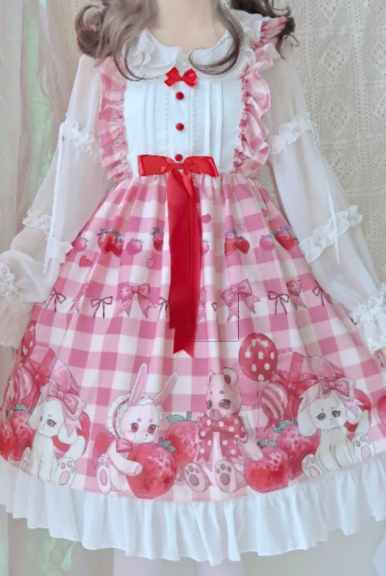 Студенческий стиль клубника медведь печать Vestidos Готический японский платье cos кружево Высокая талия дворец Виктория Лолита jsk платье