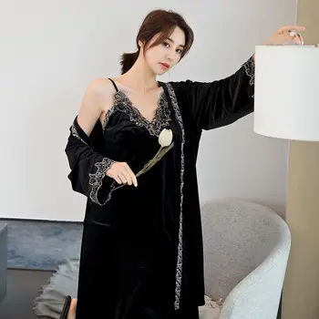 

2020 Autumn New Sexy Lace 3pcs Robe Set Velour Homewear Women Casual Kimono Bathrobe Gown Velvet Sleep Set Intimate Lingerie