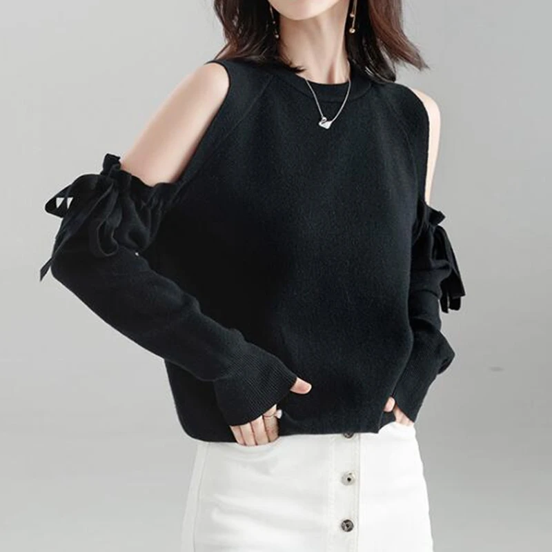 

2019 Fall Ladies Cold Shoulder Knitted Sweaters Pull
