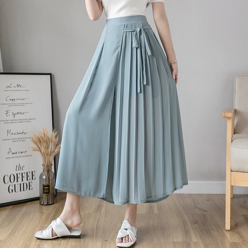 Pleated Chiffon Long Skirts Pants Summer Women Chic Design Culottes Draw String Waist Office Lady Streetwear Business Work Wear