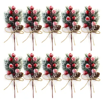 

15cm Artificial Flower Red Christmas Berry And Pine Cone Picks With Holly Branches For New Year Chrismas Holiday Decor Flower