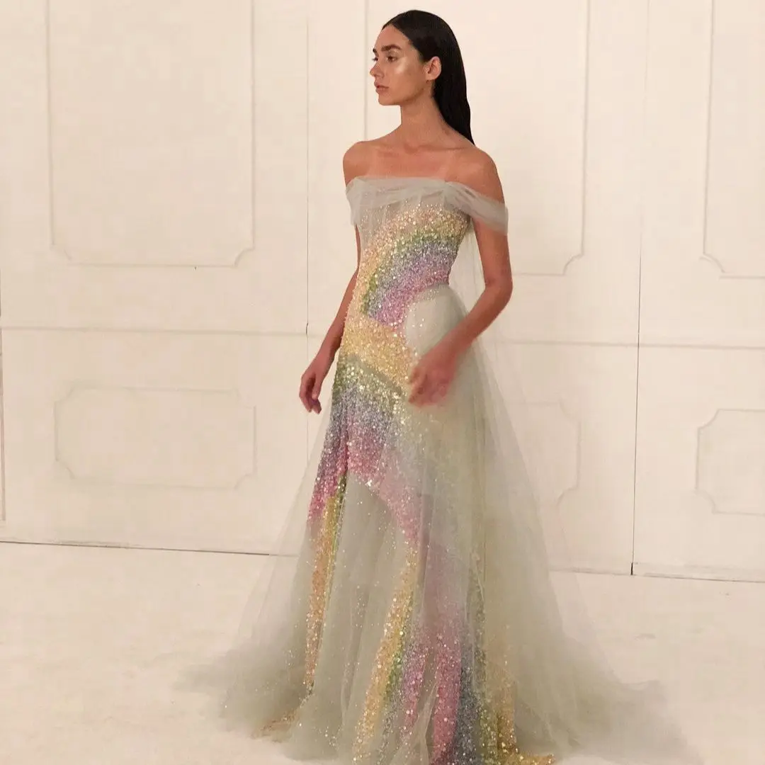 Gorgeous Sparkle Prom Dress Off the Shoulder Rainbow Sequined Layered Puffy Tulle Floor Length Pageant Gown Sizes Available