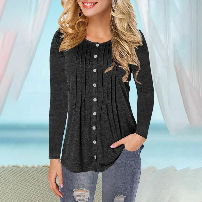Casual Tops Female O-neck Button Spring Autumn Slim Fit Long Sleeve Women Tshirts 2019 Fashion Plus Size T Shirt |