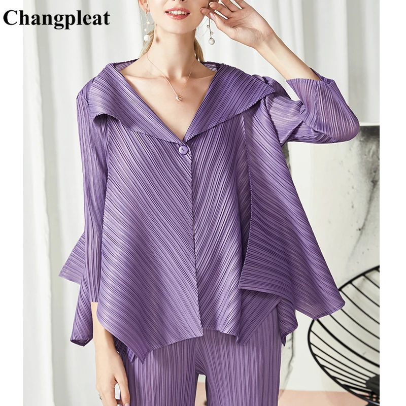 Changpleat, весенние новые женские Базовые Куртки, Пальто Miyak, плиссированные, модные, одноцветные, на одной пуговице, свободные, большие размеры, неровные женские пальто