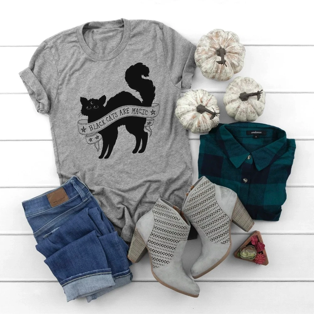 С изображением черного кота футболка &quotМагия&quot забавный рисунок кошки lover