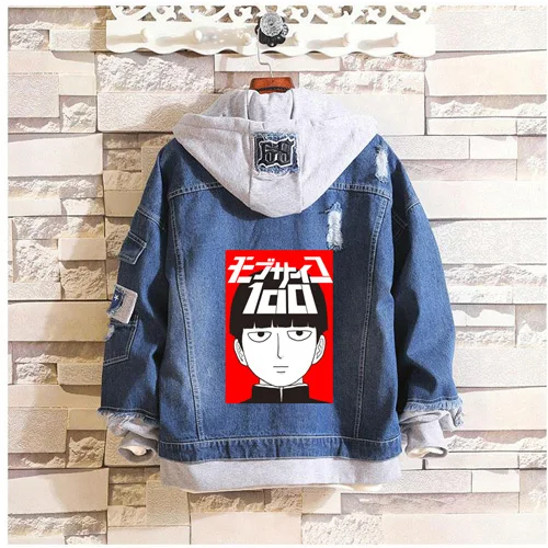 Горячая Распродажа аниме Mob Psycho 100 толстовки с капюшоном ковбой поддельные две части Толстовка Повседневная джинсовая мужская женская куртка - Цвет: 2