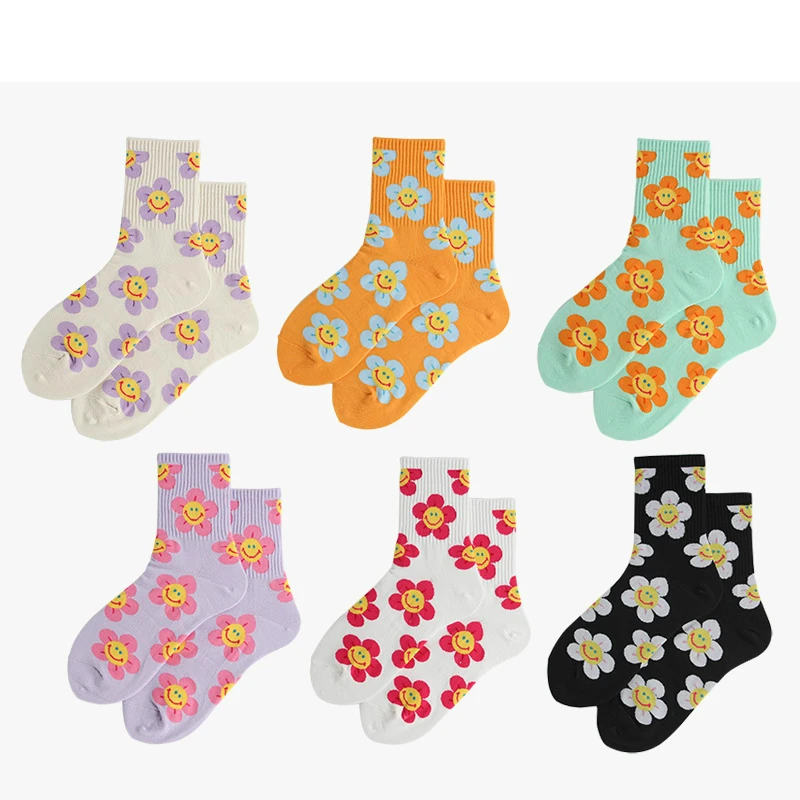 

Cute Smiley Face Socks Women's Spring and Summer Simple Taiyanghua Tube Socks College Style Candy-Colored Cotton Socks Fashion