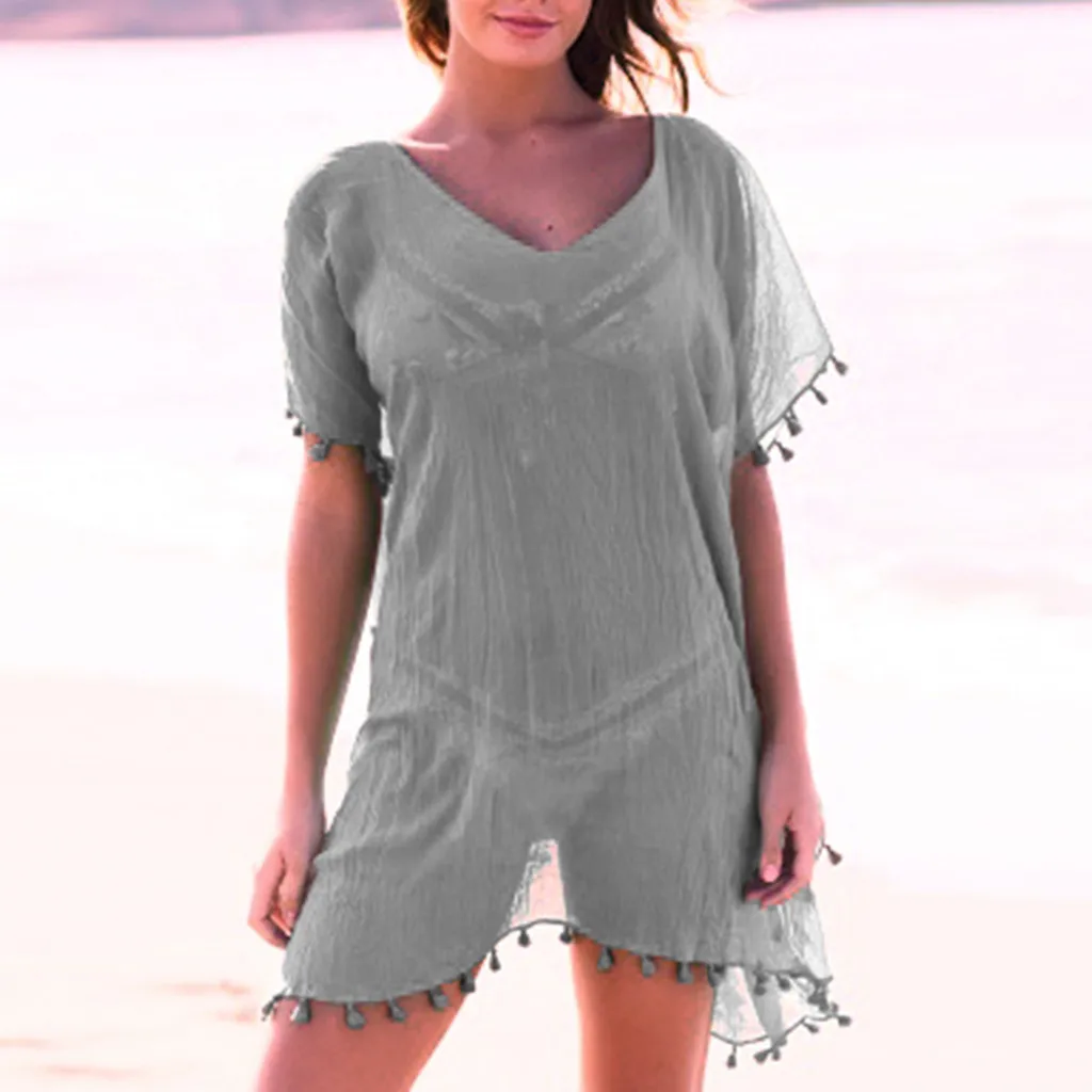 Шифоновое пляжное платье, перспективное бикини с помпонами, Пляжная накидка, купальный костюм, кафтан, пляжная одежда, парео, Saida De Praia, Плайя - Цвет: Серый