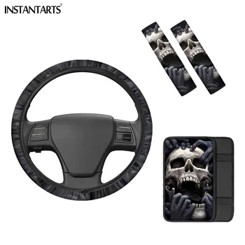 

INSTANTARTS Gothic Skull Print Design Car Accessories Safety Seatbelt Cover Center Cover Pad Study Steering Wheel Cover for Lady