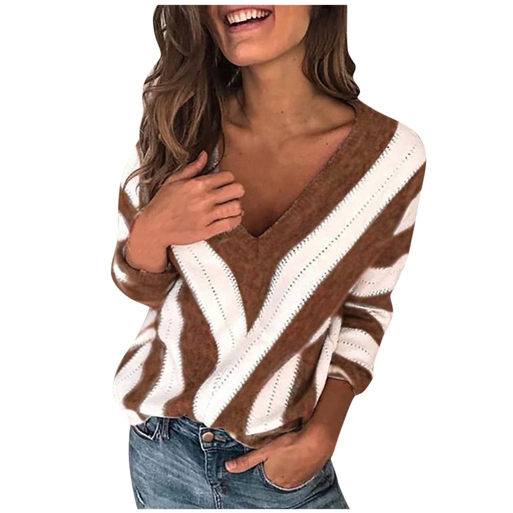 JAYCOSIA Striped Print V-neck Knitted Sweater Women Plus Size Tops Pullover Warm Autumn Winter Loose Sweaters Jumper 1016