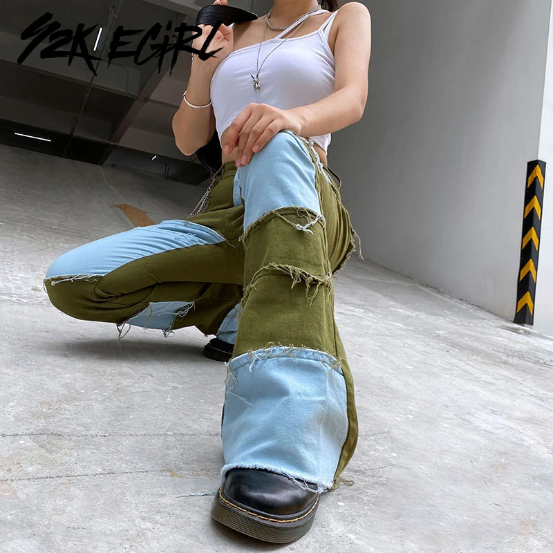 

Y2K EGIRL Harajuku Patchwork Stitch Ripped Jeans Vintage Slim Pancelled High Waist Straight Pants 90s Streetwear Demin Trousers