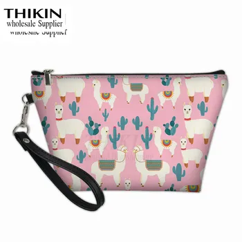 

THIKIN Pink Cartoon Alpaca Pattern Professional Women Cosmetic Makeup Bags Travel Ladies Organizer Small Storage Make Up Bags