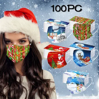 

Mascarilla 100pcs Christmas Print Masks For Face Women Men Face Mask Fashion Disposable 3-layer Earloop Mouth Caps Disposable