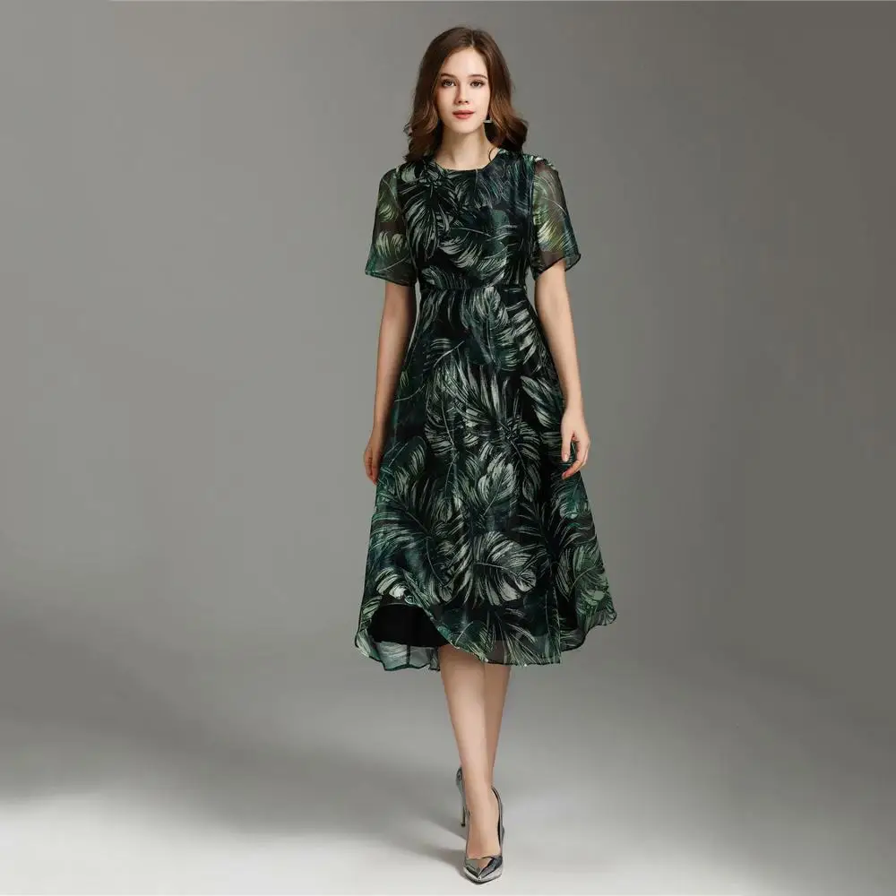 Truevoker Summer Runway Designer Ladies Dresses Women's Vintage Green Leaves Printed Midi Vestidos Casual Robe Femme Ete