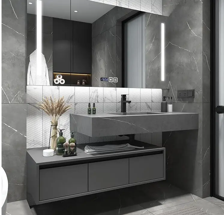Intelligent bathroom cabinet simple rock plate integrated basin washing and washing table toilet washbasin cabinet combination