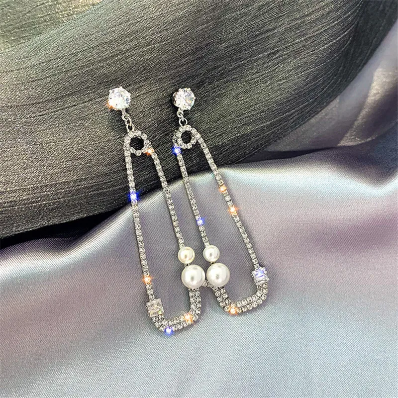 

FYUAN Simple Geometric Pearl Drop Earrings for Women Bijoux Silver Color Pin Crystal Dangle Earrings Statement Earrings Jewelry